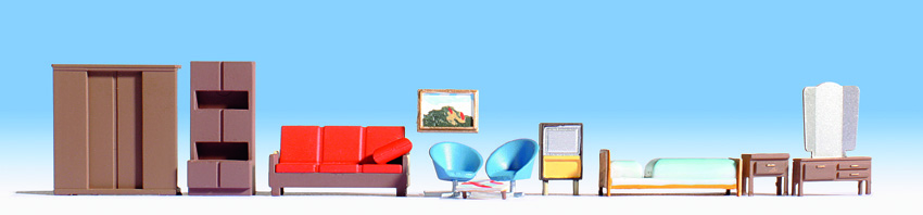 HO Möbel - Inhalt: Wohnzimmer-Schrank, Sofa, Fernseher, Nierentisch, 2 Sessel