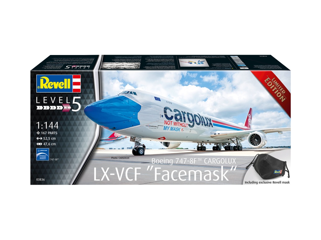 Boeing 747-8F CARGOLUX "not w - Modellbausatz Boeing 747-8F CARGOLUX LX-VCF Facemask, Limited Edition mit Mund-Nasenschutz-Maske 1:144