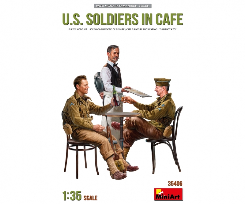 U.S. Soldiers in Cafe - 1:35 Fig. US soldaten im Café (3) m.Zub.