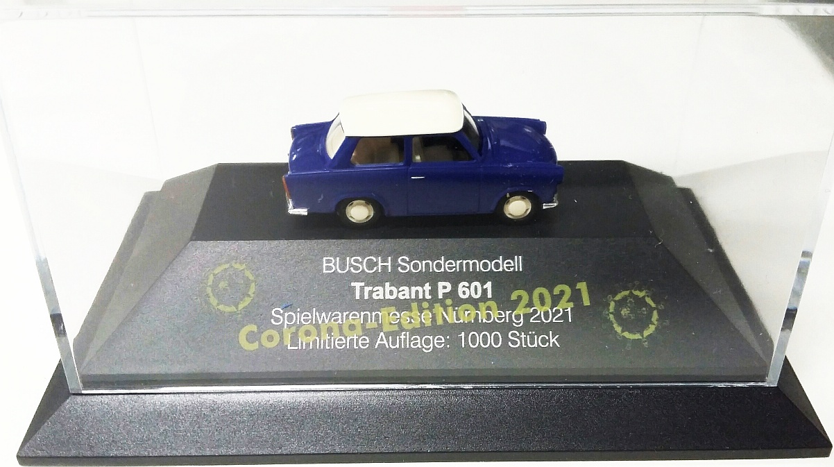 VW 181 Trabant blau Messe 21 - Messemodell Nürnberg / in PC-Vitrine Auflage NUR 1000 /mit durchs.Vitrine ...CORONA EDITION