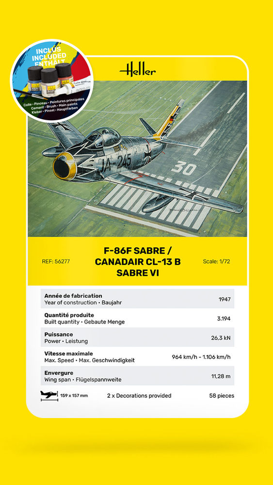 STARTER KIT F-86F SABRE / CAN - Heller 1:72 STARTER KIT F-86F SABRE / CANADAIR CL-13 B Sabre VI
